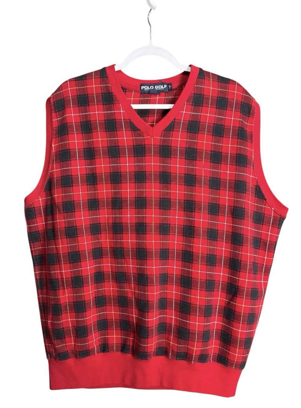 Vtg 90s Polo Ralph Lauren Golf Mens Sz Large Red Black Tartan Plaid Knit Vest